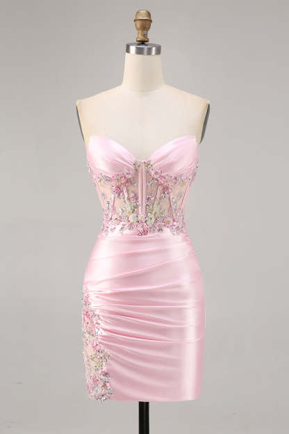 Leely Women Sparkly Candy Pink Satin Floral Corset Short Homecoming Dress Strapless Bodycon Ruched Sequins Lace Up Back Cocktail Dress