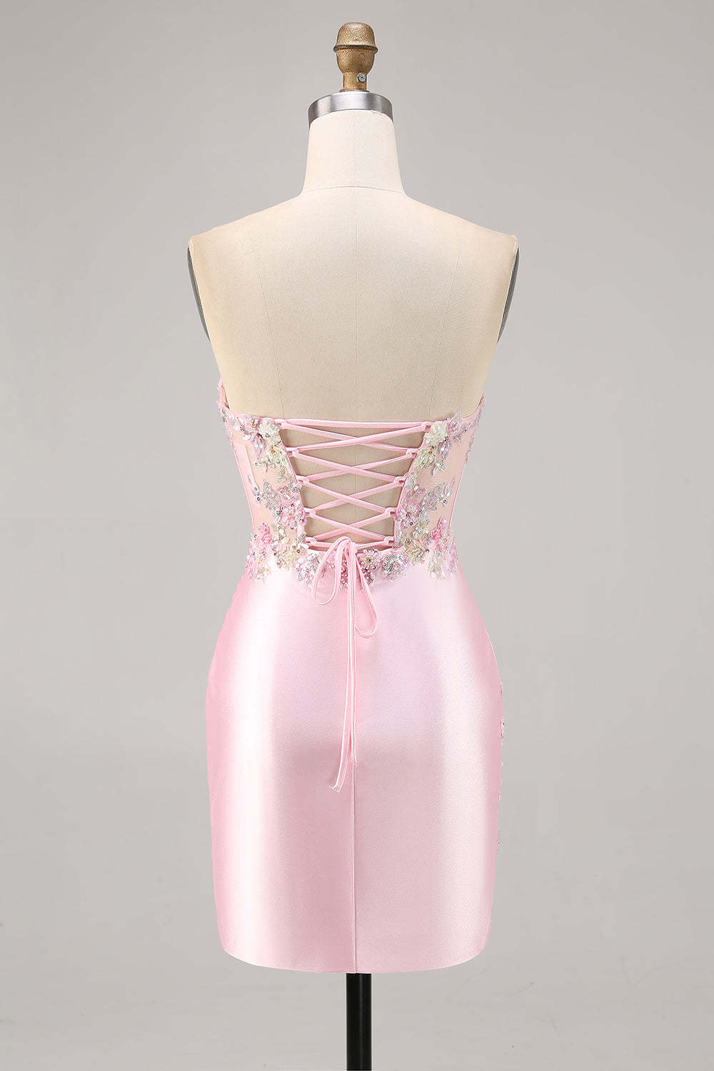 Sparkly Candy Pink Satin Floral Sequins Corset Short Homecoming Dress