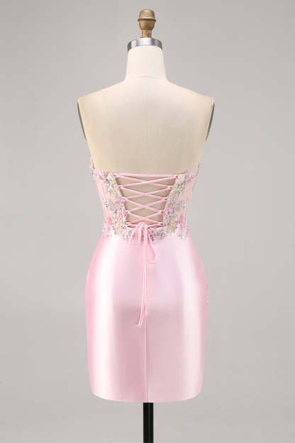 Sparkly Candy Pink Satin Floral Sequins Corset Short Homecoming Dress