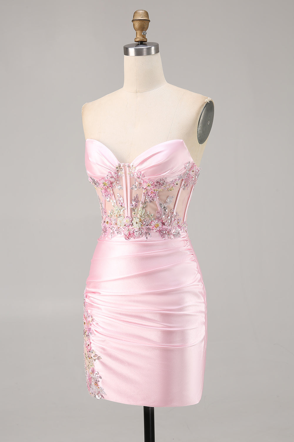 Sparkly Candy Pink Satin Floral Sequins Corset Short Homecoming Dress