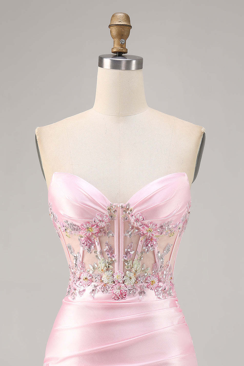 Sparkly Candy Pink Satin Floral Sequins Corset Short Homecoming Dress
