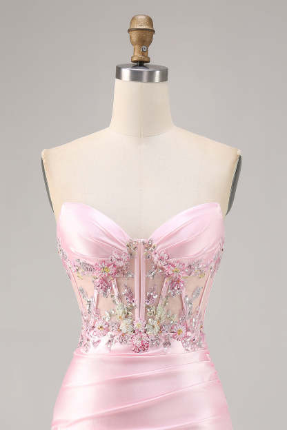Sparkly Candy Pink Satin Floral Sequins Corset Short Homecoming Dress