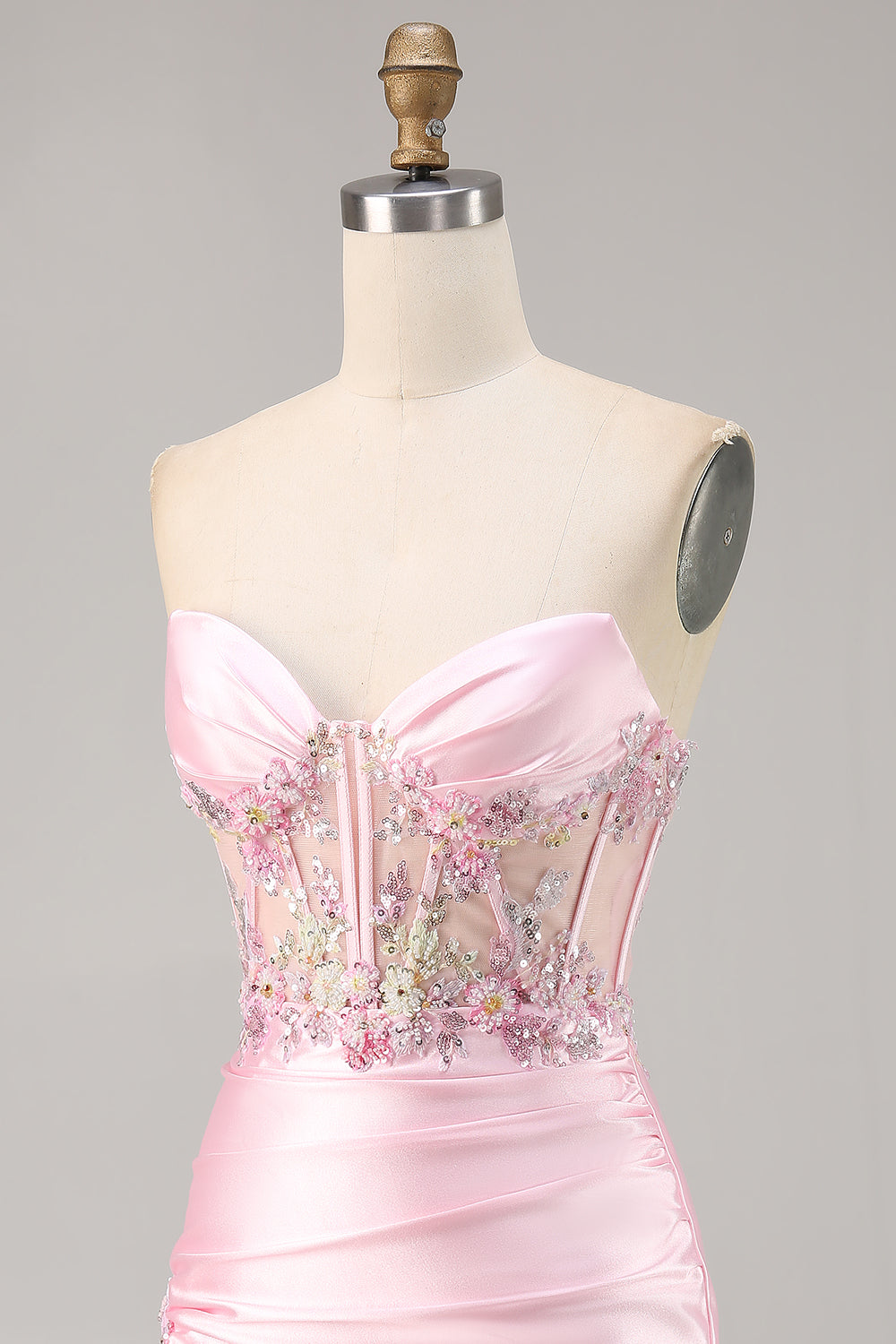 Sparkly Candy Pink Satin Floral Sequins Corset Short Homecoming Dress