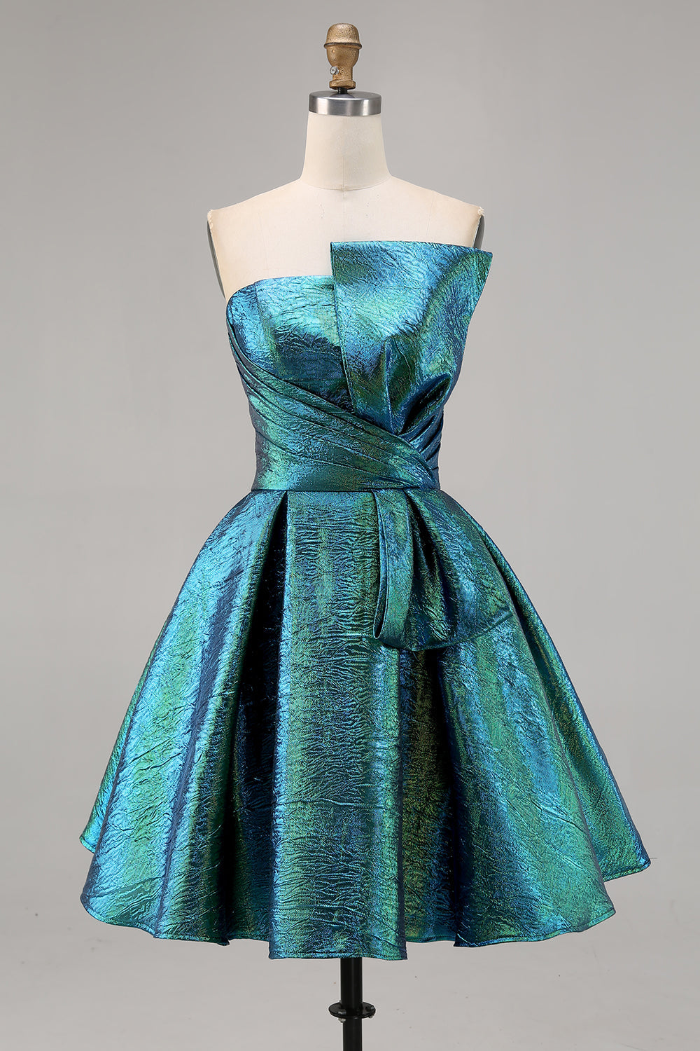 Sparkly Peacock Green Metallic Strapless A Line Short Homecoming Dress
