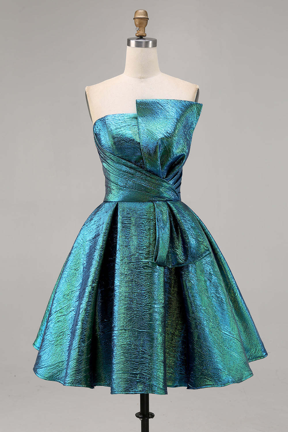 Sparkly Peacock Green Metallic Strapless A Line Short Homecoming Dress