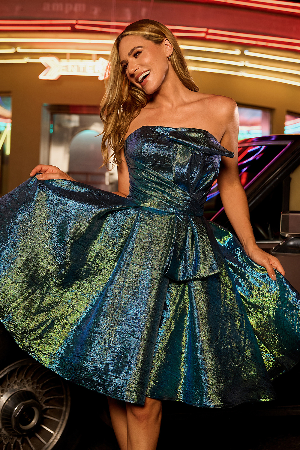 Sparkly Peacock Green Metallic Strapless A Line Short Homecoming Dress