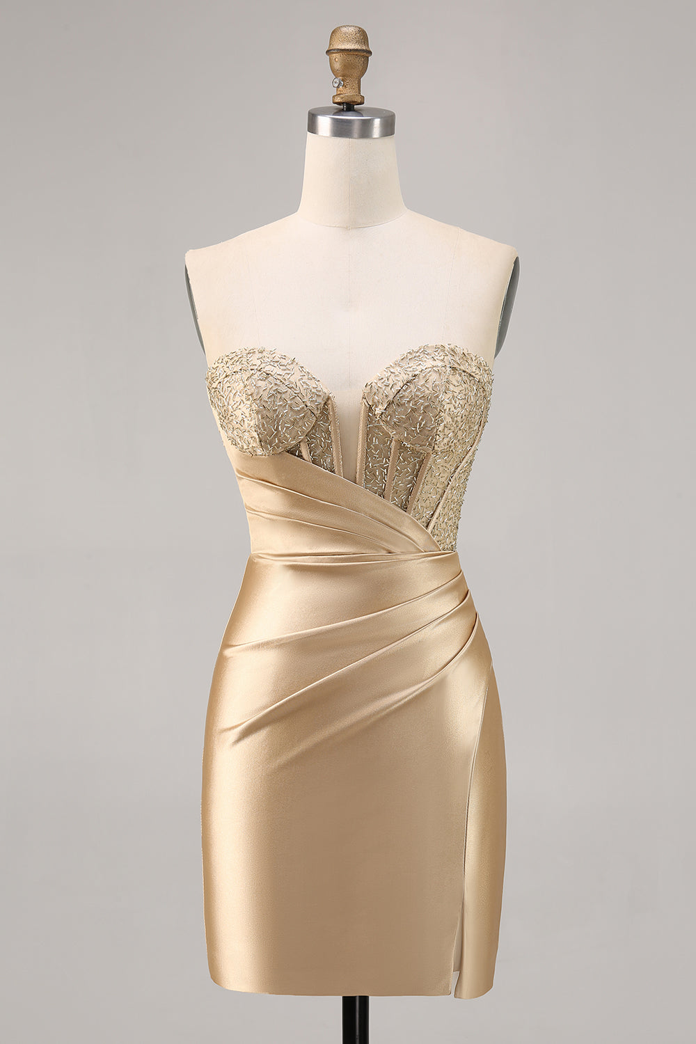 Golden Satin Strapless Corset Ruched Tight Short Homecoming Dress