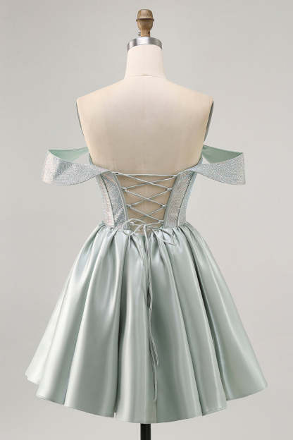 Sparkly Light Green Satin Beaded Short Corset Homecoming Dress