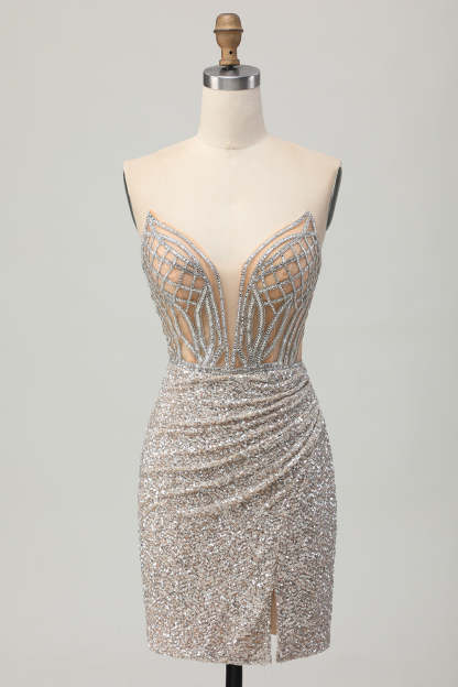 Sparkly Sequins Bodycon Sliver Strapless Short Corset Homecoming Dress