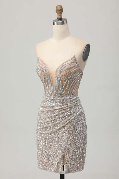 Sparkly Sequins Bodycon Sliver Strapless Short Corset Homecoming Dress