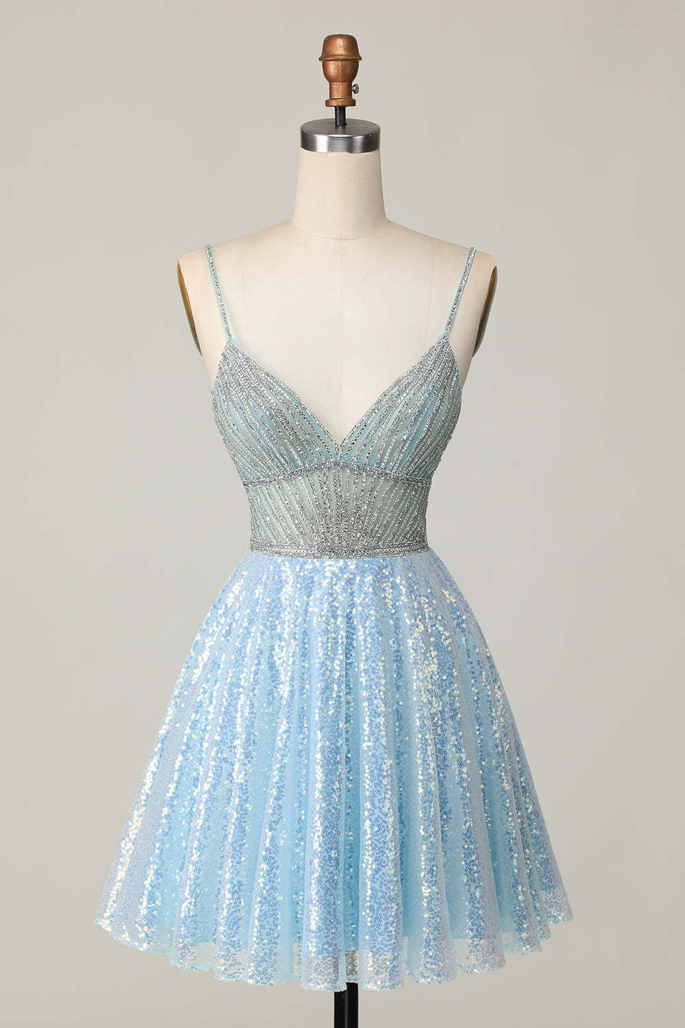 Leely Women Sparkly Light Blue Sequin Short Homecoming Dress Spaghetti Straps A Line Lace Up Back School Party Dress with Beading