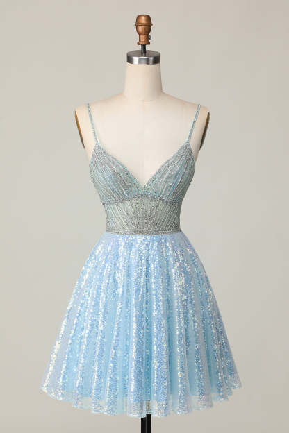 Leely Women Sparkly Light Blue Sequin Short Homecoming Dress Spaghetti Straps A Line Lace Up Back School Party Dress with Beading