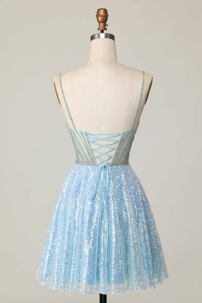 Sparkly Light Blue Sequin A Line Short Homecoming Dress with Beading
