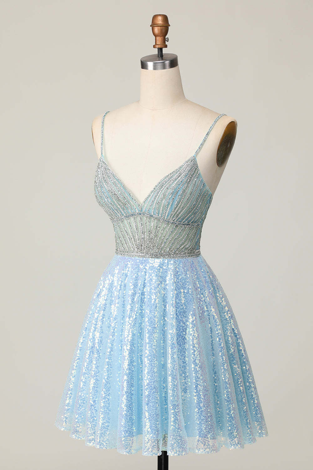 Sparkly Light Blue Sequin A Line Short Homecoming Dress with Beading