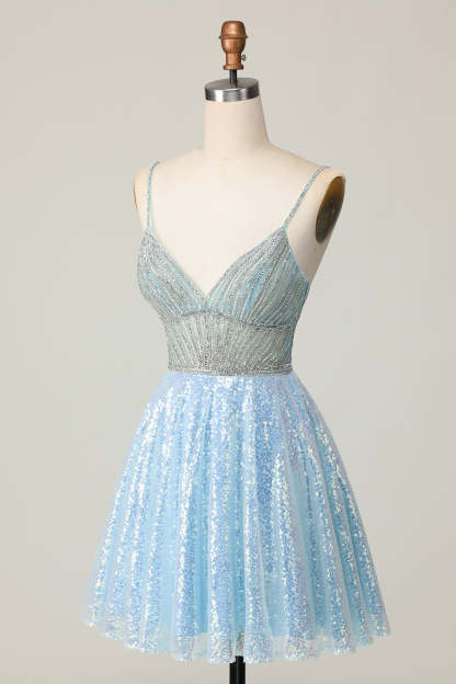 Sparkly Light Blue Sequin A Line Short Homecoming Dress with Beading