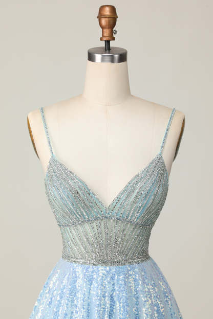 Sparkly Light Blue Sequin A Line Short Homecoming Dress with Beading