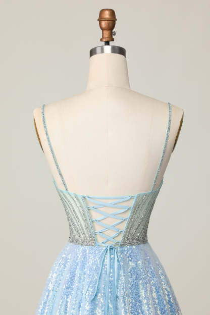Sparkly Light Blue Sequin A Line Short Homecoming Dress with Beading