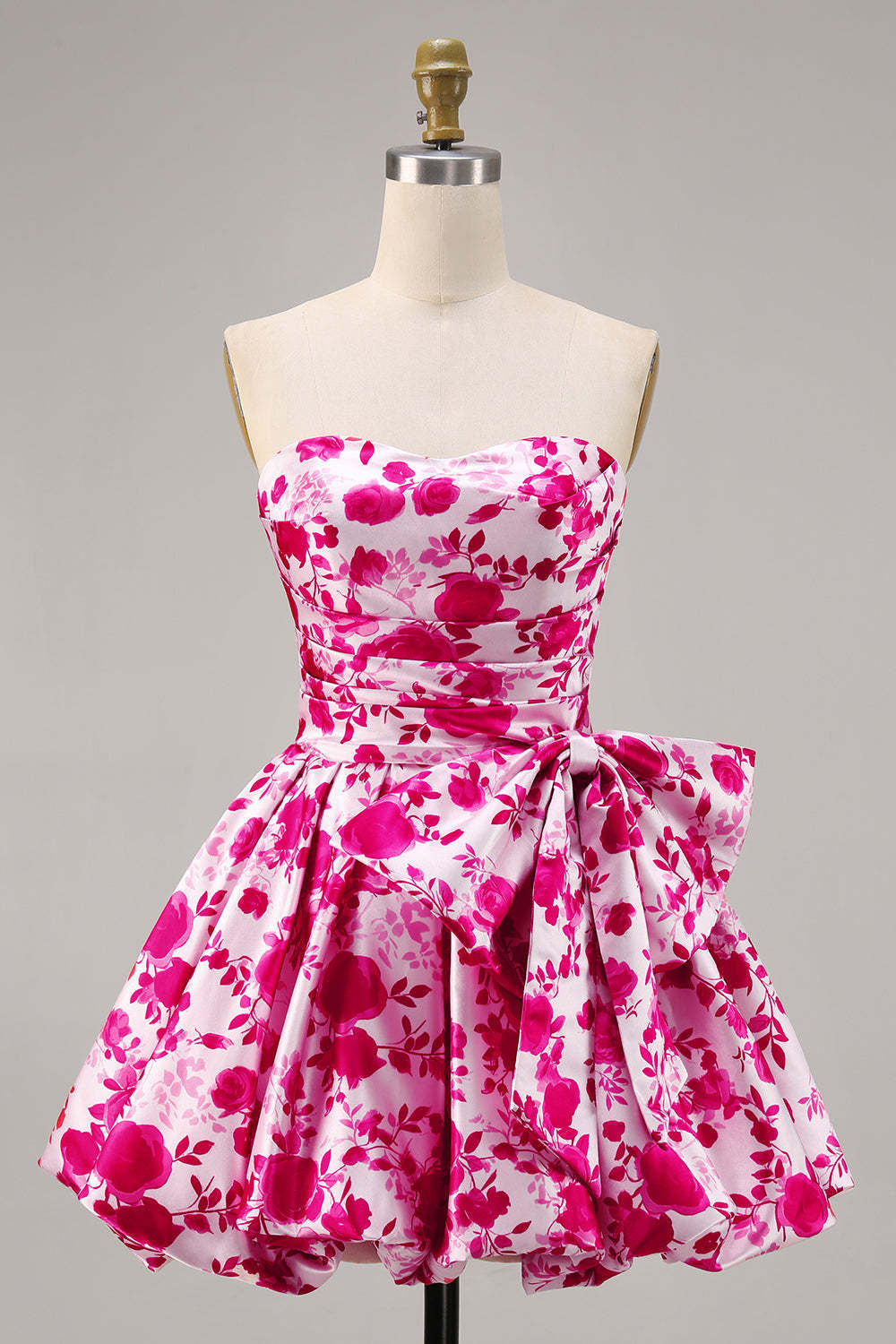 Leely Women Fuchsia Sweetheart Short Floral Homecoming Dress with Bow Strapless A Line Ruched Birthday Dress