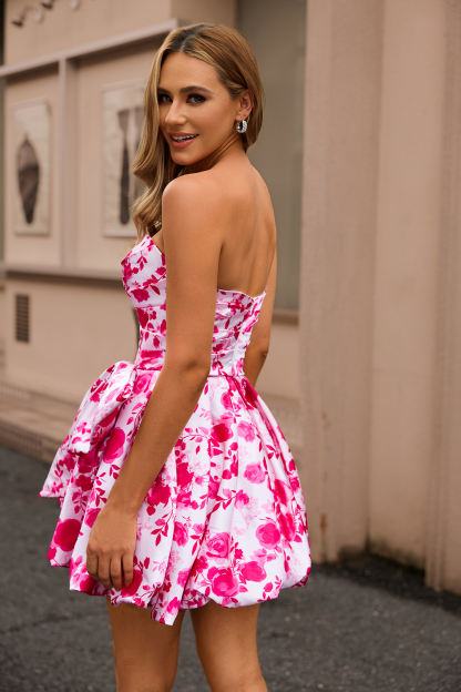 Fuchsia Sweetheart A Line Short Floral Homecoming Dress with Bow