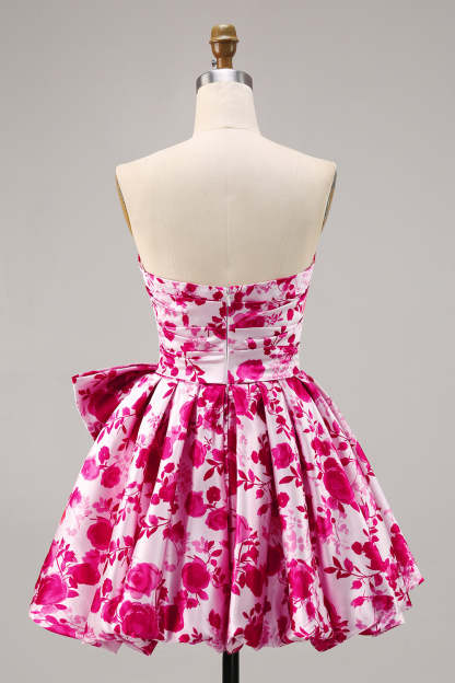 Fuchsia Sweetheart A Line Short Floral Homecoming Dress with Bow
