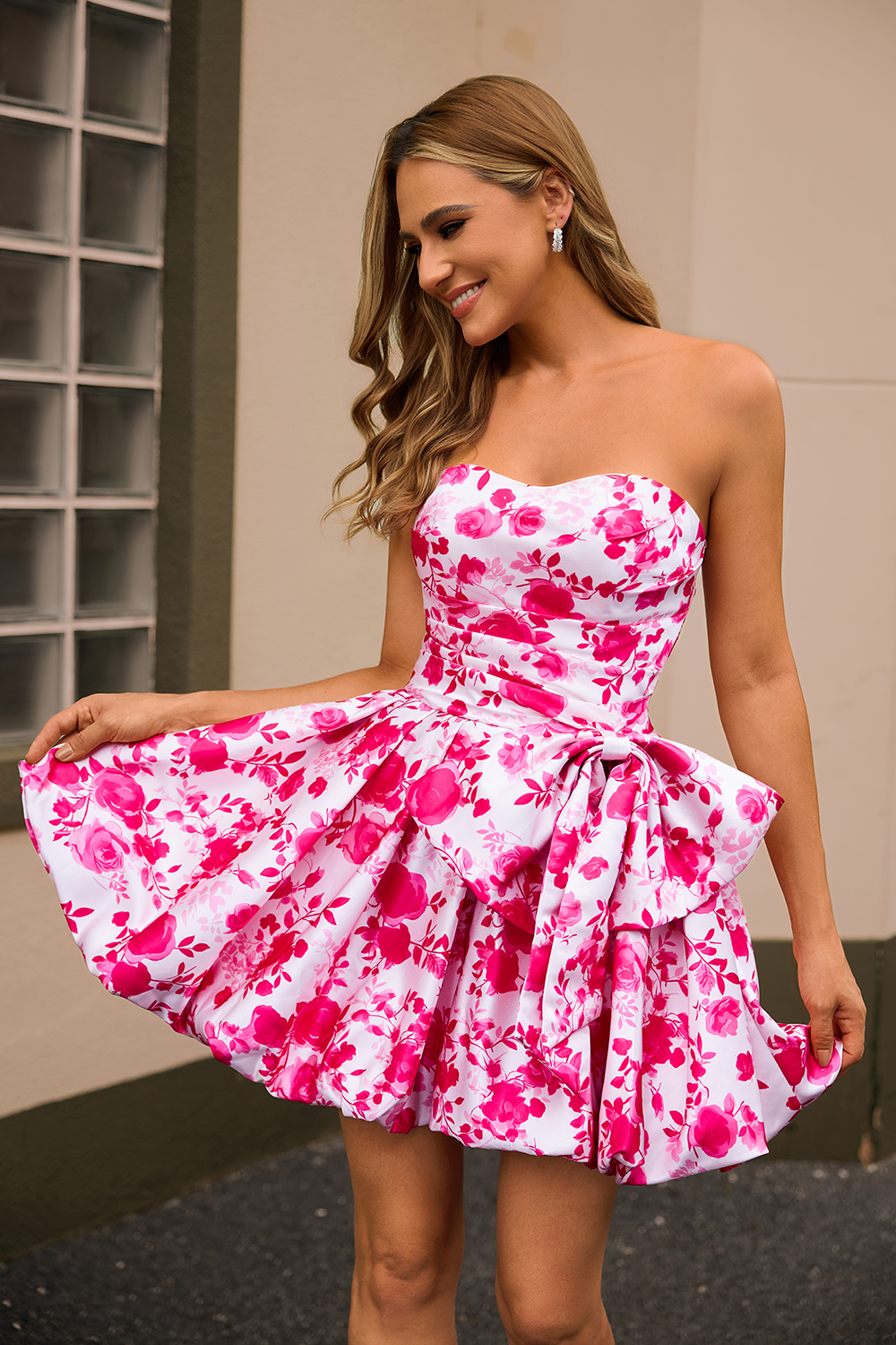 Fuchsia Floral Sweetheart Ruched A Line Short Homecoming Dress with Bow