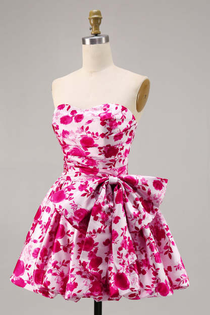 Fuchsia Sweetheart A Line Short Floral Homecoming Dress with Bow