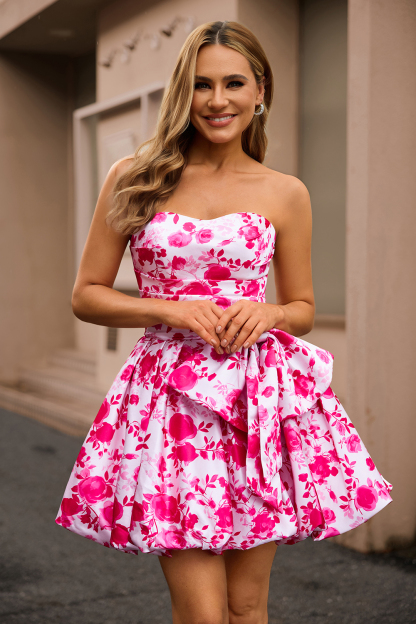 Fuchsia Floral Sweetheart Ruched A Line Short Homecoming Dress with Bow
