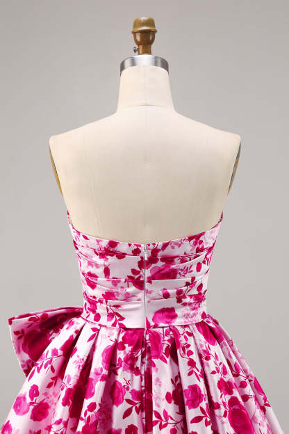 Fuchsia Sweetheart A Line Short Floral Homecoming Dress with Bow