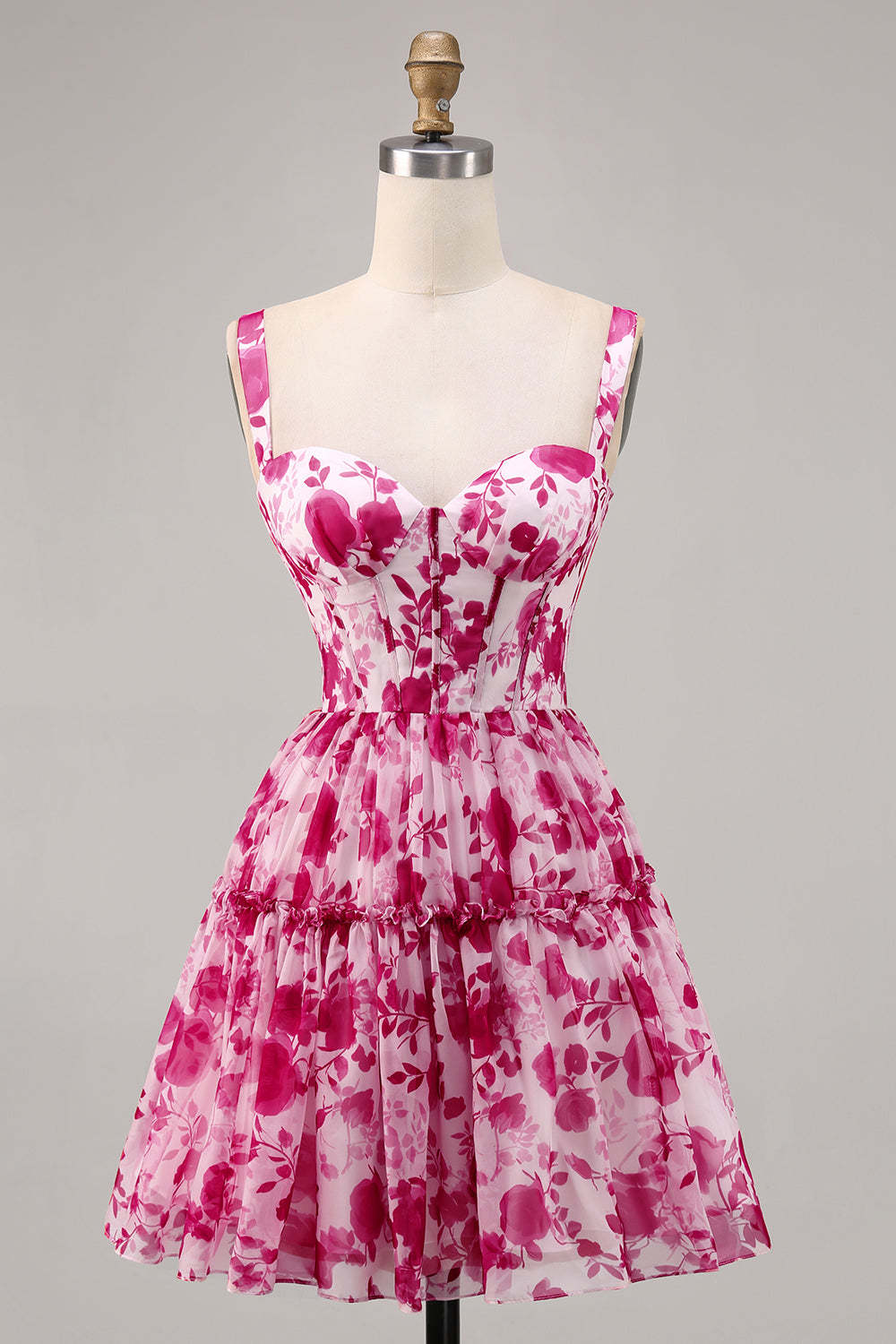 Leely Women Fuchsia Corset Floral Homecoming Dress Chiffon A Line Short Birthday Dress