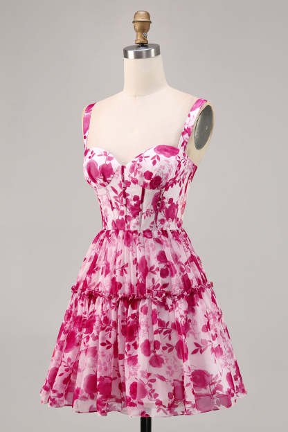 Corset A Line Fuchsia Short Floral Homecoming Dress