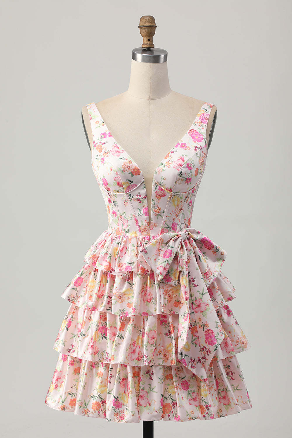 Leely Women Floral Pink Short Corset Ruffled Homecoming Dress with Bow A Line V-Neck Tiered Cocktail Dress