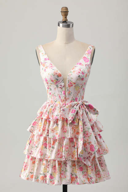 Leely Women Floral Pink Short Corset Ruffled Homecoming Dress with Bow A Line V-Neck Tiered Cocktail Dress