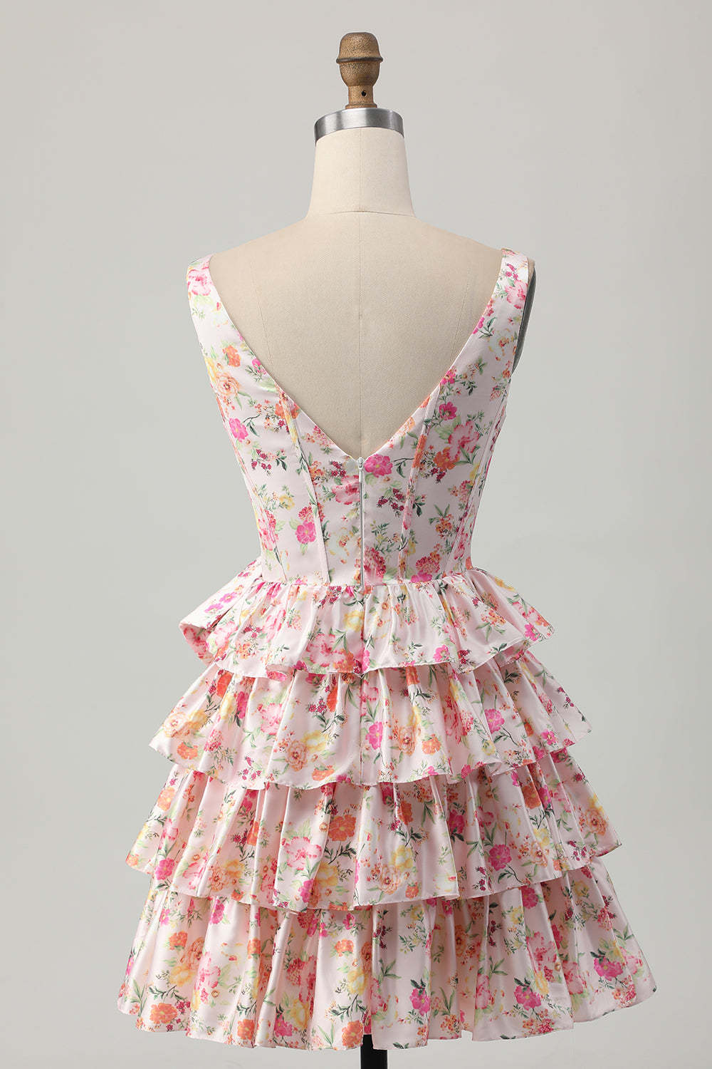 Floral Pink A Line V Neck Tiered Short Corset Homecoming Dress with Bow