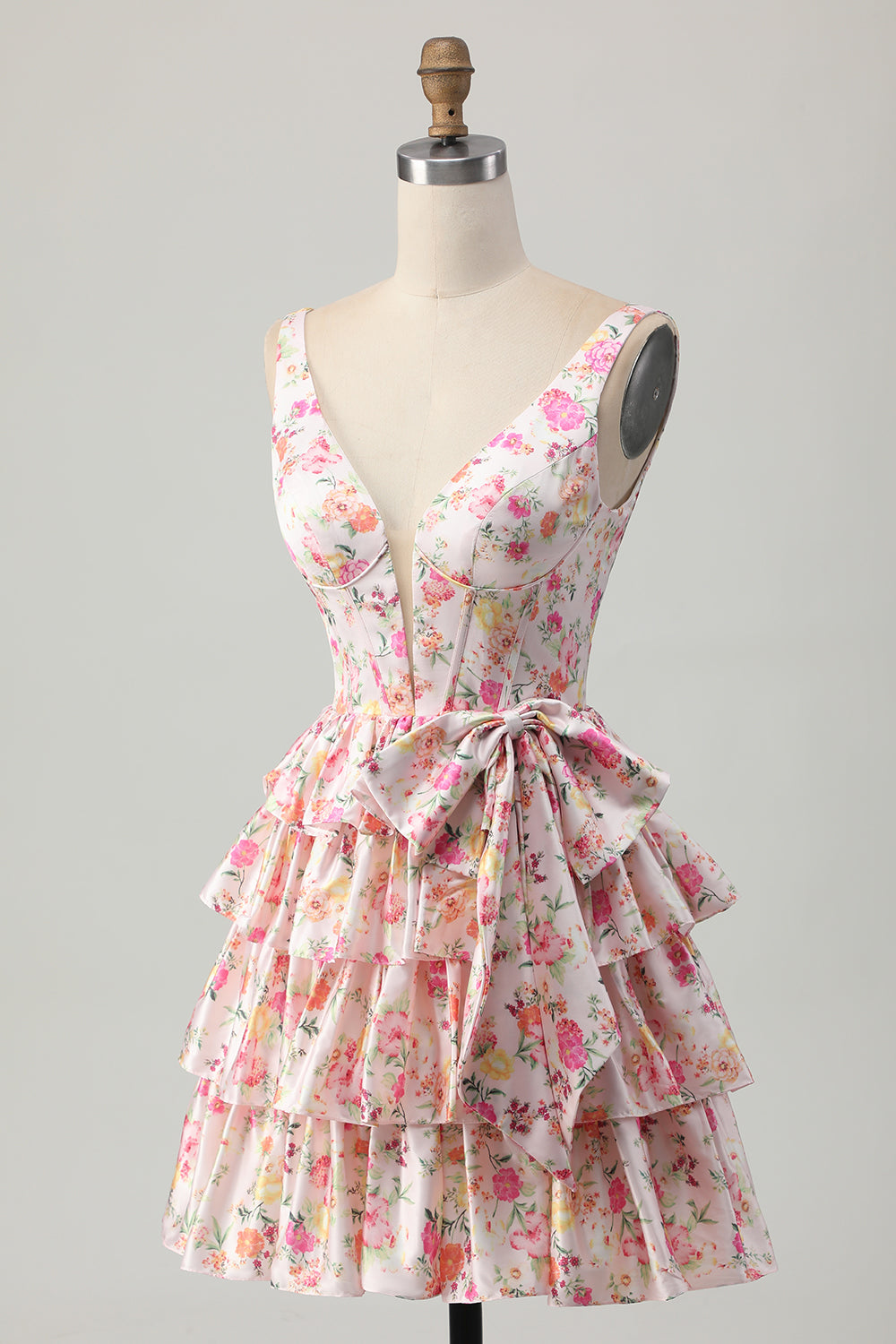Floral Pink A Line V Neck Tiered Short Corset Homecoming Dress with Bow