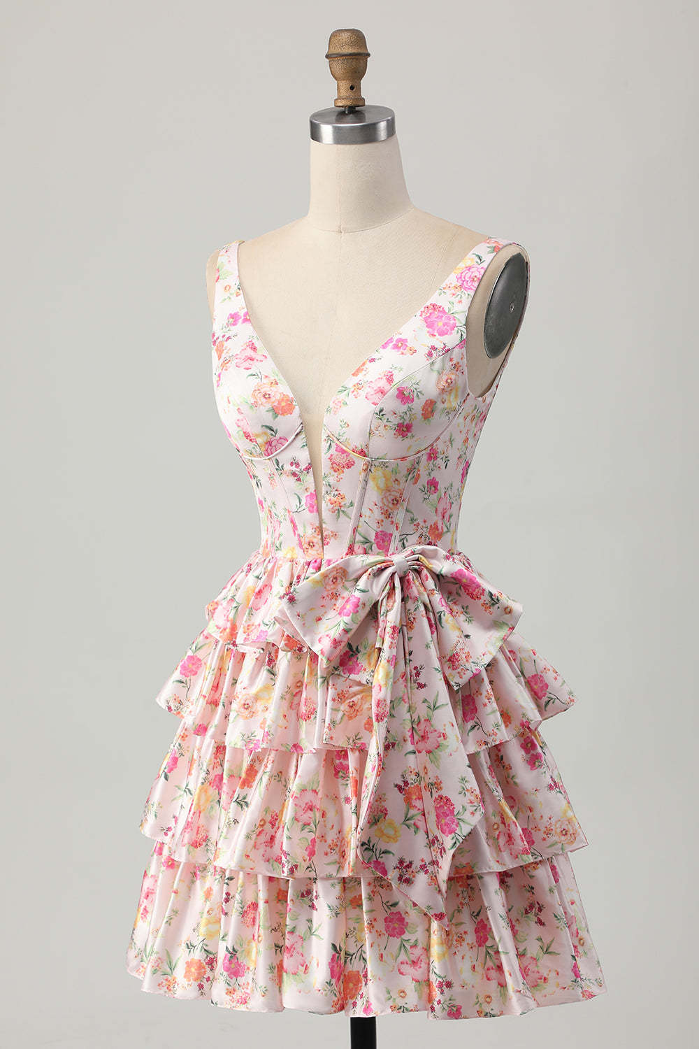 Floral Pink A Line V Neck Tiered Short Corset Homecoming Dress with Bow