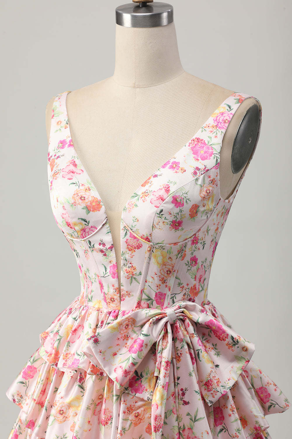 Floral Pink A Line V Neck Tiered Short Corset Homecoming Dress with Bow