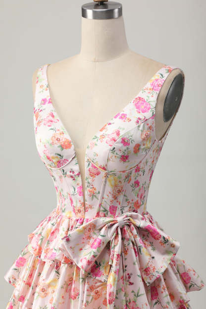 Floral Pink A Line V Neck Tiered Short Corset Homecoming Dress with Bow