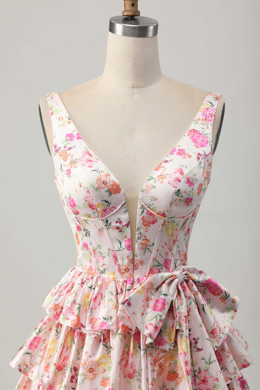 Floral Pink A Line V Neck Tiered Short Corset Homecoming Dress with Bow