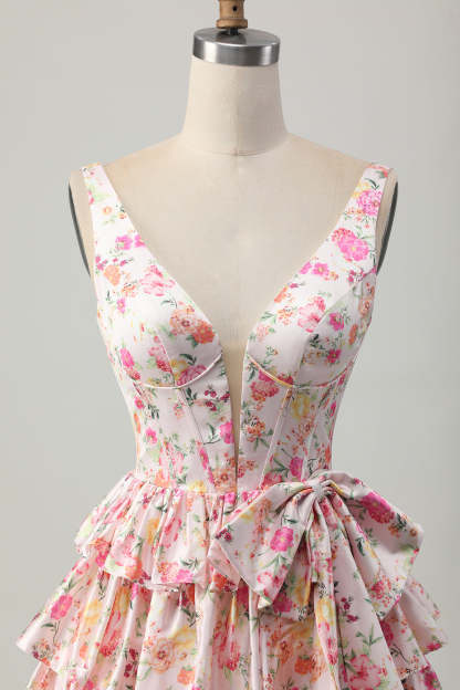 Floral Pink A Line V Neck Tiered Short Corset Homecoming Dress with Bow