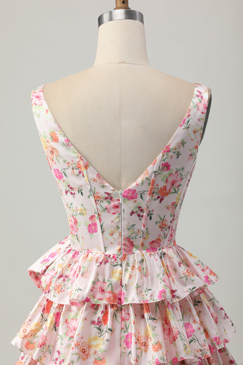 Floral Pink A Line V Neck Tiered Short Corset Homecoming Dress with Bow