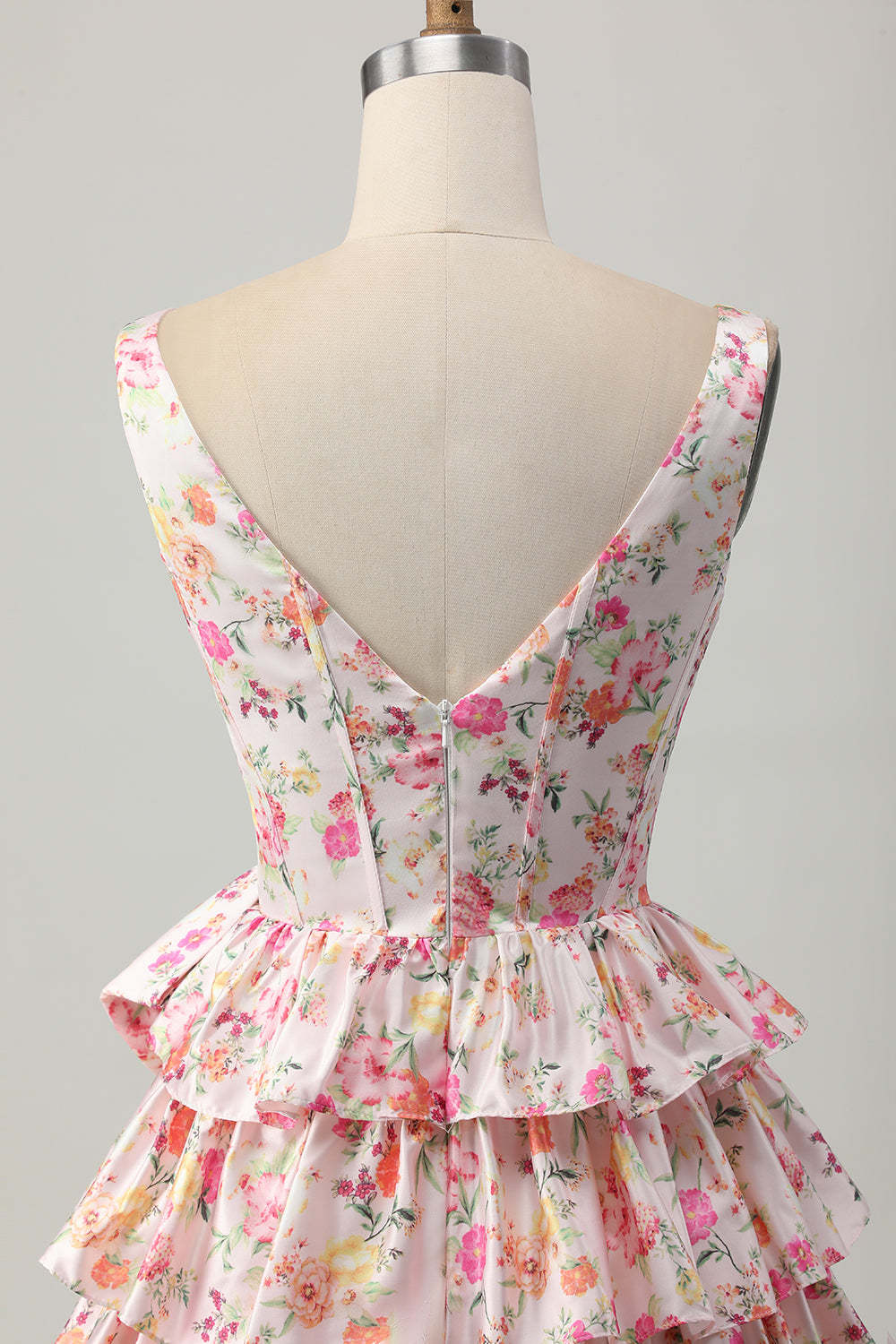 Floral Pink A Line V Neck Tiered Short Corset Homecoming Dress with Bow
