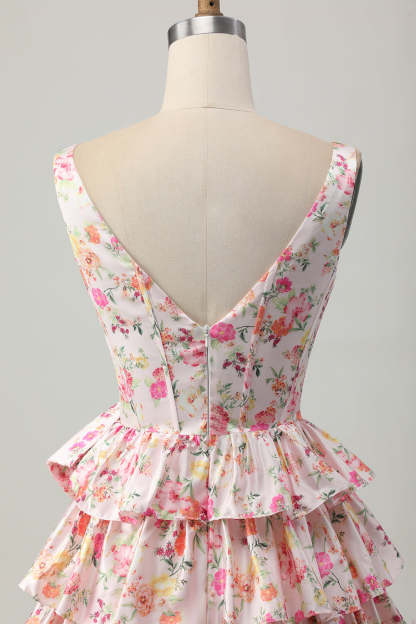Floral Pink A Line V Neck Tiered Short Corset Homecoming Dress with Bow