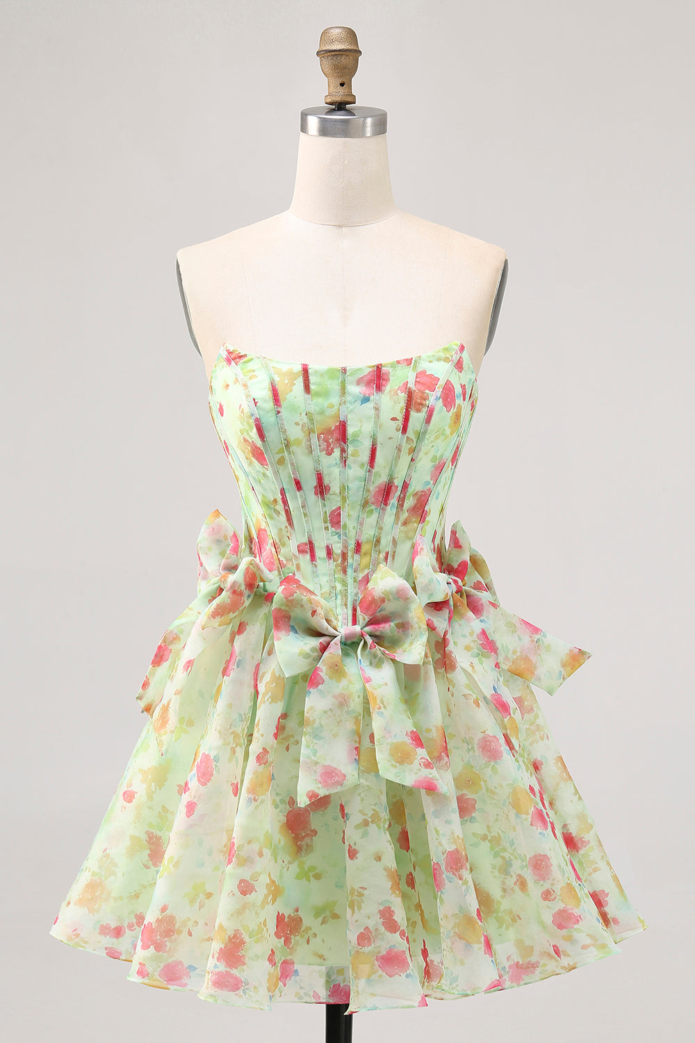 Green Floral Strapless A Line Short Corset Homecoming Dress with Bows