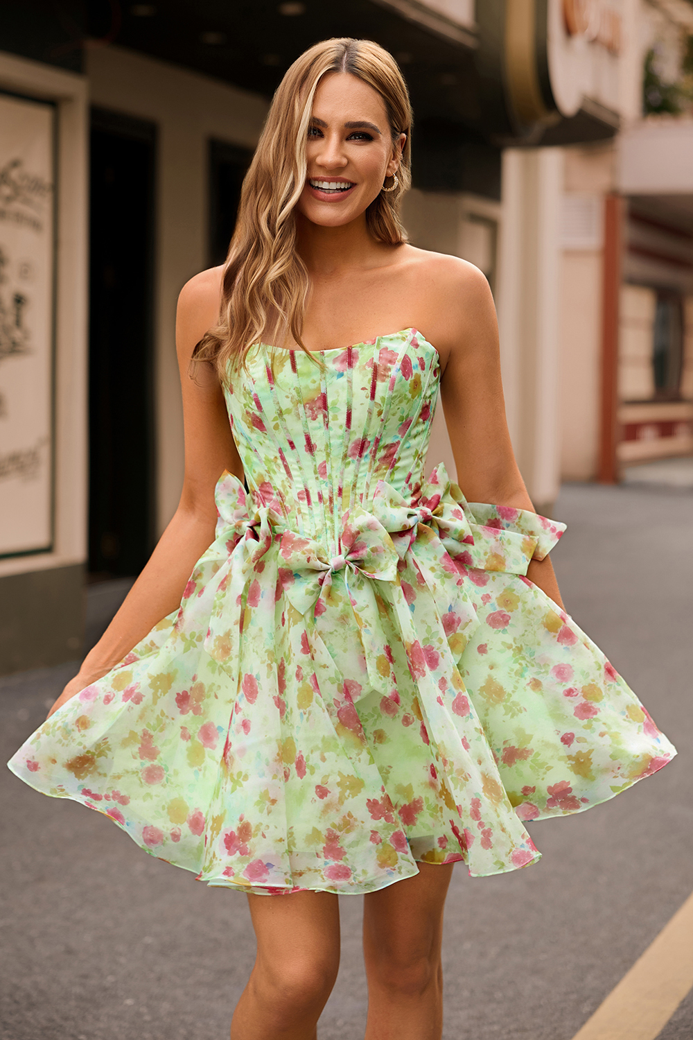 Green Floral Strapless A Line Short Corset Homecoming Dress with Bows