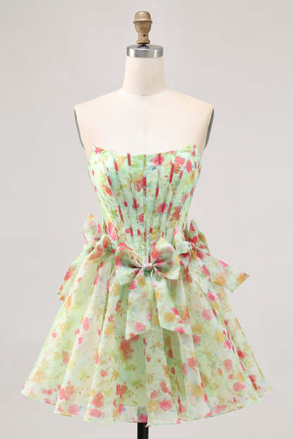 Leely Women Green Floral Short Corset Homecoming Dress Strapless A Line Backless Cocktail Dress with Bows