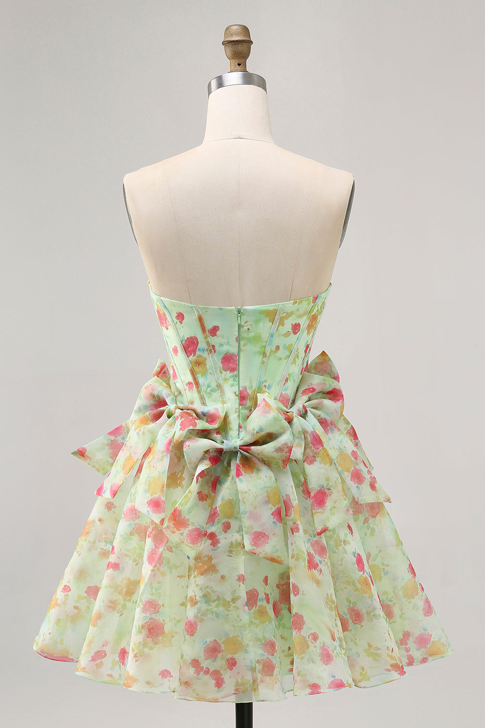 Green Floral Strapless A Line Short Corset Homecoming Dress with Bows
