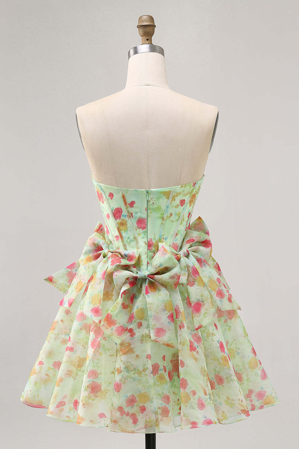 Green Floral Strapless A Line Short Corset Homecoming Dress with Bows