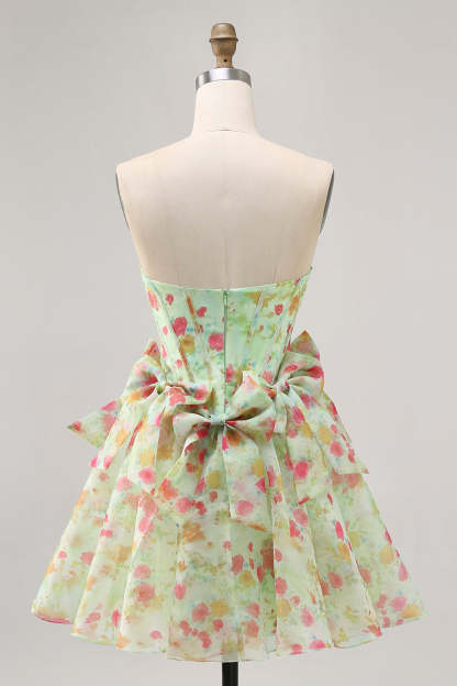 Green Floral Strapless A Line Short Corset Homecoming Dress with Bows