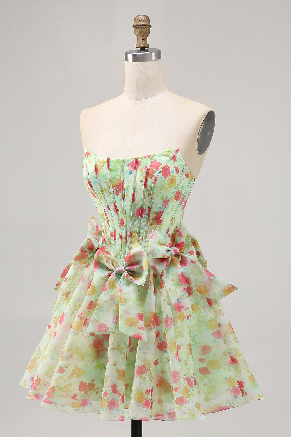 Green Floral Strapless A Line Short Corset Homecoming Dress with Bows