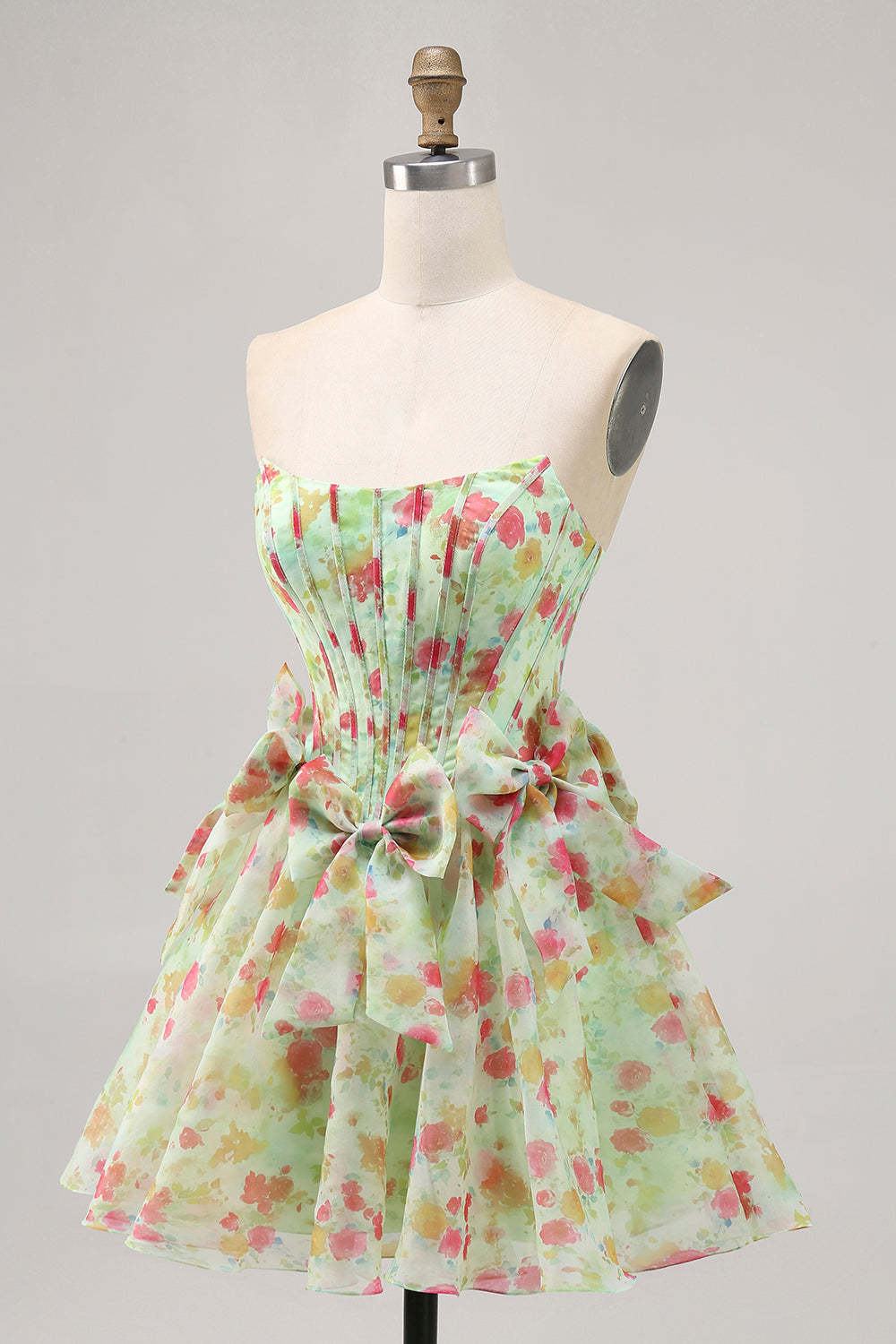 Green Floral Strapless A Line Short Corset Homecoming Dress with Bows